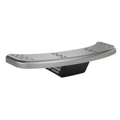 Gozney Tread Mantel on white seen from the front showing the curved stainless ledge with its slotted pattern and the black bracket beneath.