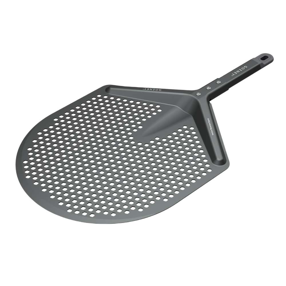 Gozney Venture Placement Peel angled view on white of the perforated dark gray head with the handle running up to the right.