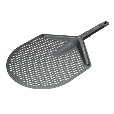 Gozney Venture Placement Peel angled view on white of the perforated dark gray head with the handle running up to the right.