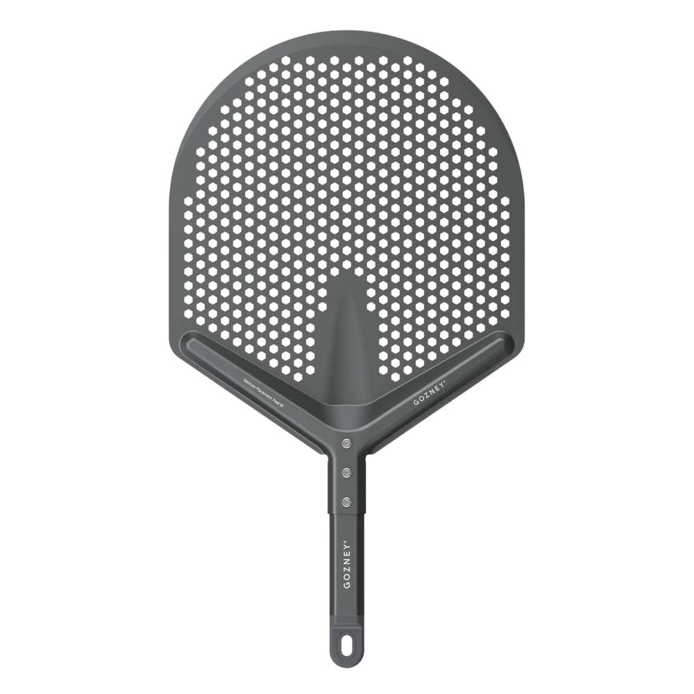 Gozney Venture Placement Peel straight-on view on white of the perforated dark gray head with the folding handle below it.