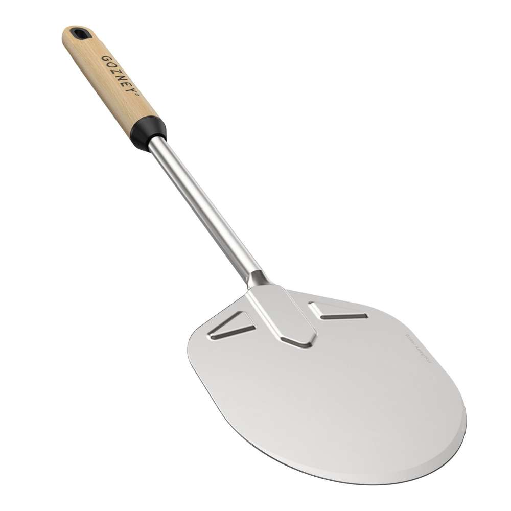 Gozney Venture Turning Peel angled on white with the round stainless head at the lower right and the wood handle at the top.