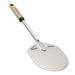 Gozney Venture Turning Peel angled on white with the round stainless head at the lower right and the wood handle at the top.