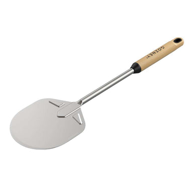Gozney Venture Turning Peel on white showing the small round stainless head on a slim shaft with a light wood handle.