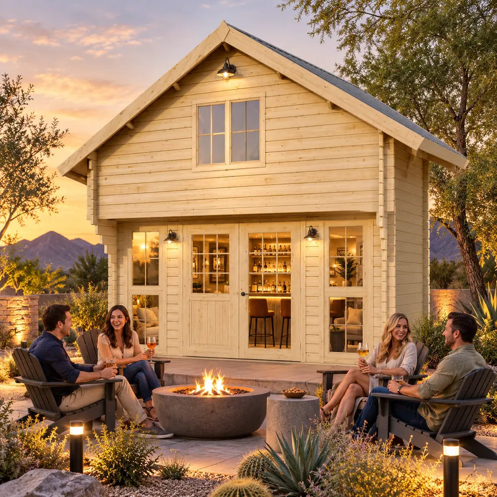 Grand Loft 107 Deluxe DD transformed into a warmly illuminated backyard bar at golden hour. Four adults socialize around a fire feature amid upscale Nevada desert landscaping and distant mountain views.