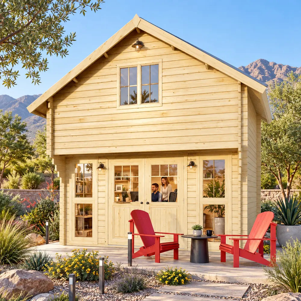 Grand Loft 107 Deluxe DD timber studio in a sunny Nevada backyard, with two adults working inside a compact home office. Desert plants, stone landscaping, red patio chairs, and distant mountains surround the 108-square-foot structure.