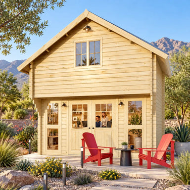 Grand Loft 107 Deluxe DD timber studio in a sunny Nevada backyard, with two adults working inside a compact home office. Desert plants, stone landscaping, red patio chairs, and distant mountains surround the 108-square-foot structure.