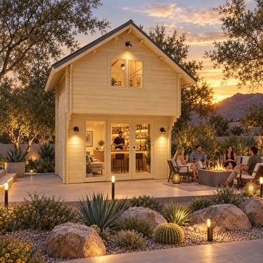 Two-story light wood loft with glass doors and windows, set in a desert landscape with people sitting by a fire pit.