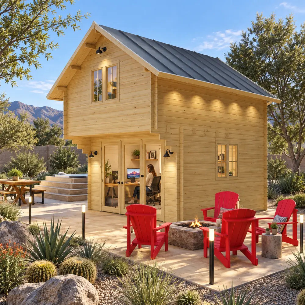 Two-story wood loft with a metal roof, glass doors, and four red plastic chairs around a stone fire pit.