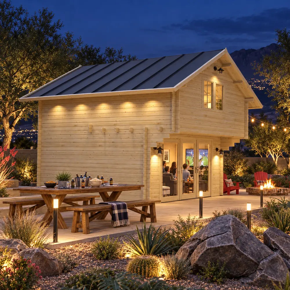 Two-story light wood loft with a dark gabled roof, glass doors, and a lit interior next to an outdoor wooden dining table.