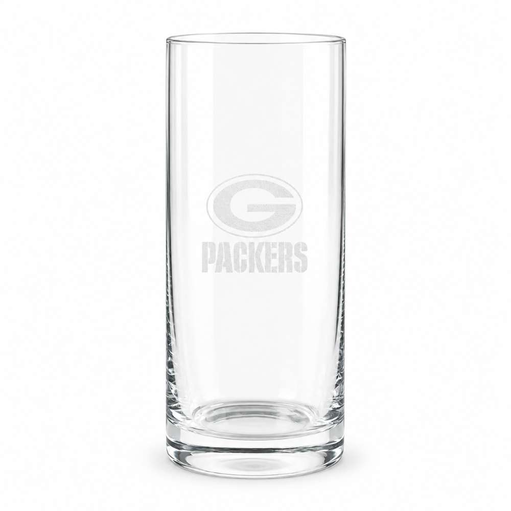 Green Bay Packers Crate & Barrel Aspen Highball Glass Set with NFL team logo on classic 18 oz glass