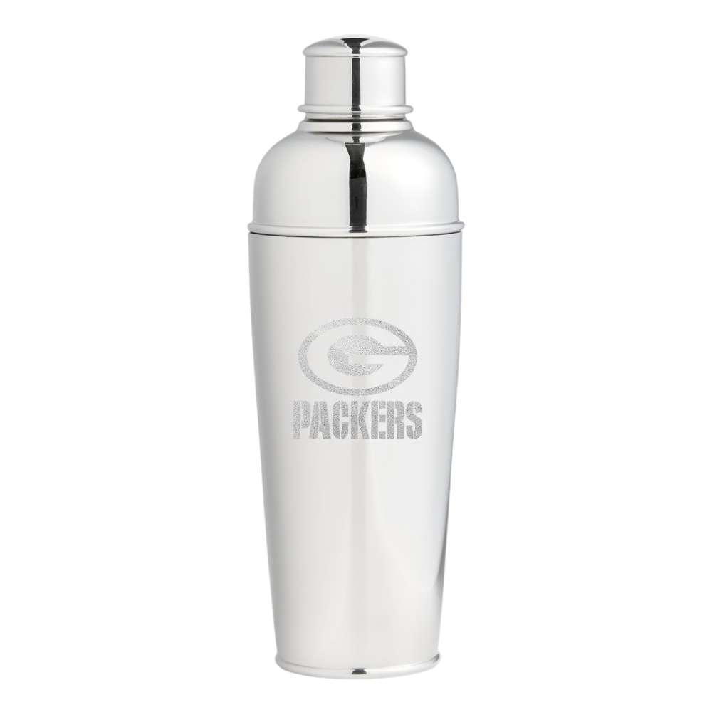 Green Bay Packers Crate & Barrel Easton Stainless Steel Cocktail Shaker with polished stainless steel and team logo design