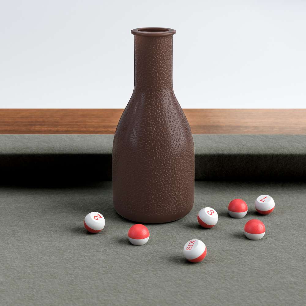 Grey Crate & Barrel Walnut Pool Table with Wall Rack and Accessories in close up on a brown shake bottle standing on the grey felt with small numbered red and white peas scattered around it