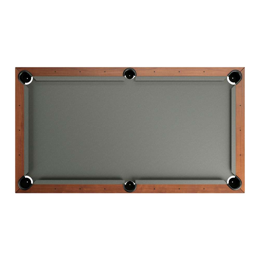 Grey Crate & Barrel Walnut Pool Table with Wall Rack and Accessories seen from directly above against a white background showing the grey felt, six black drop pockets and sight dots along the walnut rails
