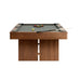Grey Crate & Barrel Walnut Pool Table with Wall Rack and Accessories seen from the corner against a white background with grey felt, a rack of coloured balls, the cue ball and a cue on the rail