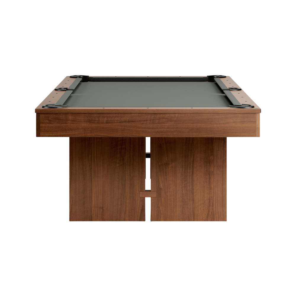 Grey Crate & Barrel Walnut Pool Table with Wall Rack and Accessories seen straight from the end against a white background with grey felt, the corner pockets and two slab legs