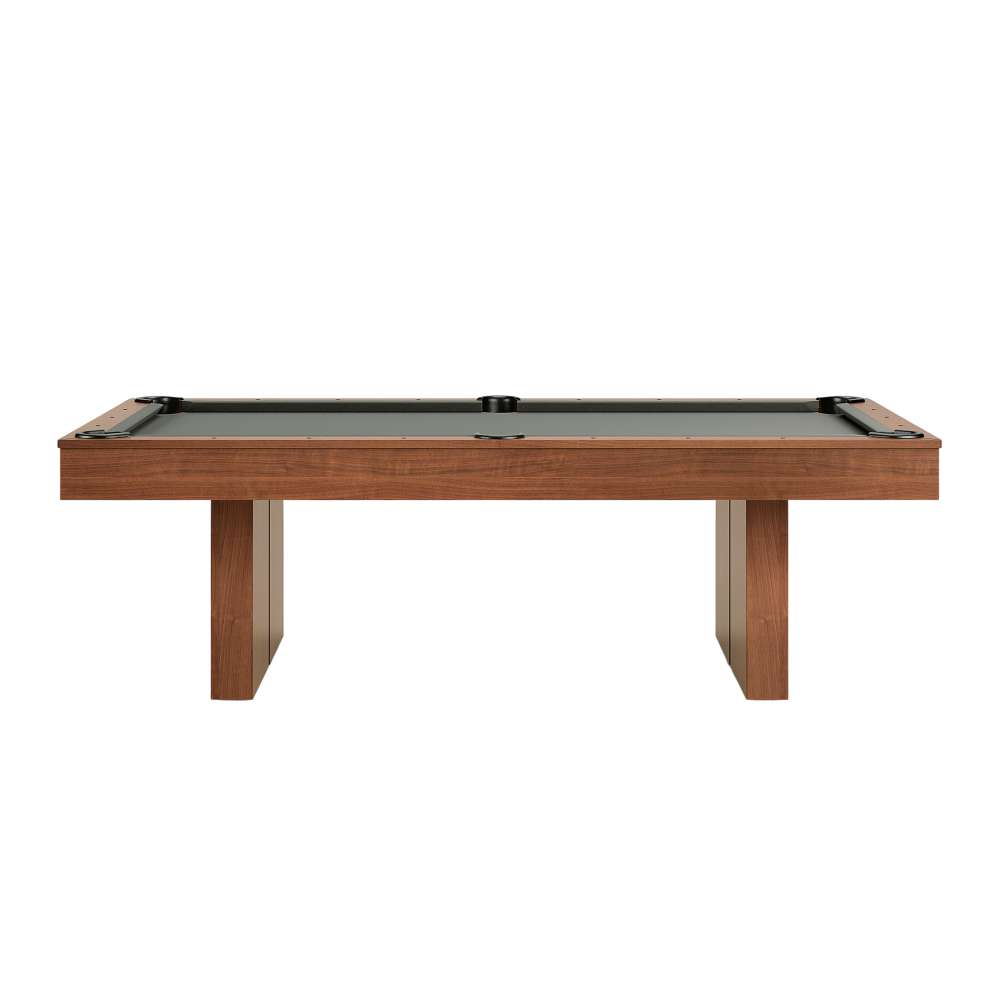 Grey Crate & Barrel Walnut Pool Table with Wall Rack and Accessories seen straight from the long side against a white background with grey felt and two slab legs