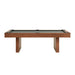 Grey Crate & Barrel Walnut Pool Table with Wall Rack and Accessories seen straight from the long side against a white background with grey felt and two slab legs