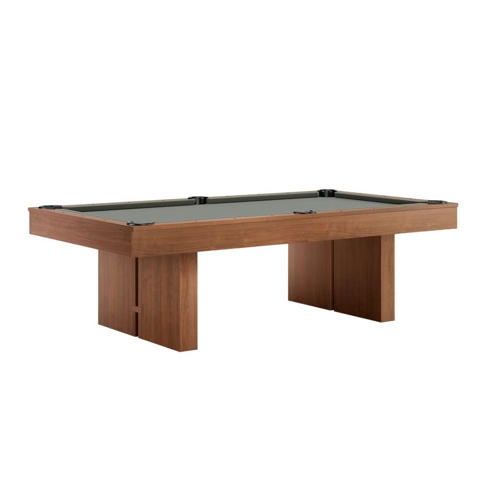Grey Crate & Barrel Walnut Pool Table with Wall Rack and Accessories shown at a three quarter angle against a white background with grey felt, six pockets and two slab legs