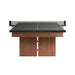 Grey With Table Tennis Kit Crate & Barrel Walnut Pool Table with Wall Rack and Accessories seen end on against a white background with the black table tennis topper and net fitted over the walnut cabinet