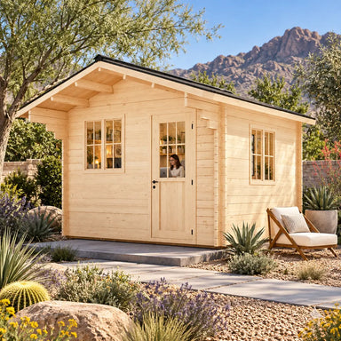 Front-right view of the 107-square-foot Harvest Grand Bungalow Freedom Office Studio in a sunny Nevada backyard. An adult works inside the compact office, surrounded by desert plants, boulders, a lounge chair, and distant mountains.
