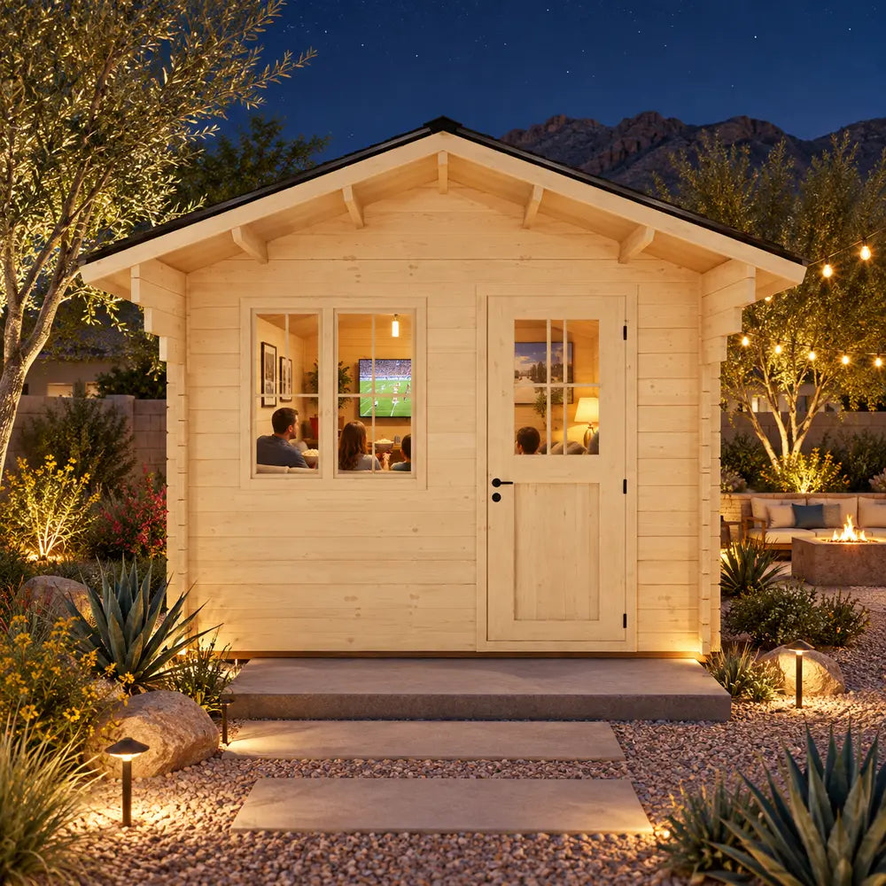 Centered front view of the illuminated Harvest Grand Bungalow 107 on a clear Nevada night. Family and friends watch sports inside while pathway lights, string lights, desert plants, boulders, and distant mountains frame the compact studio.
