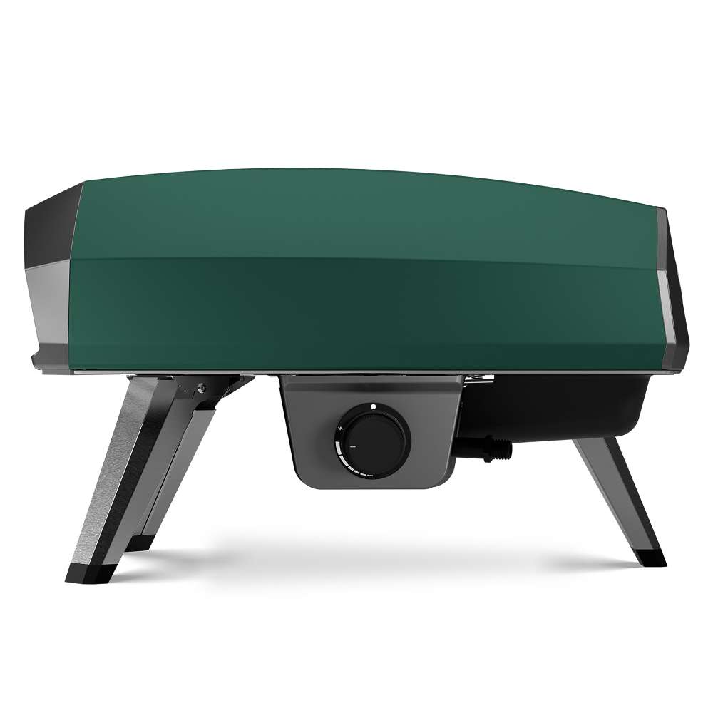 Highland Green Ooni Koda 2 Pizza Oven angled rear view showing the green shell the black back and the gas control knob.