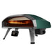 Highland Green Ooni Koda 2 Pro Pizza Oven angled front view with flames along the back of the stone and the display reading 950.