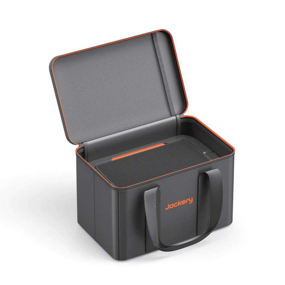 Jackery Upgraded Carrying Case Bag (S) opened to reveal a padded interior designed to protect a portable power station