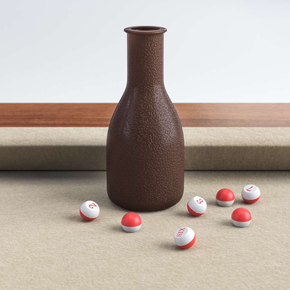 Khaki Crate & Barrel Walnut Pool Table with Wall Rack and Accessories in close up on a brown shake bottle standing on the khaki felt with small numbered red and white peas scattered around it