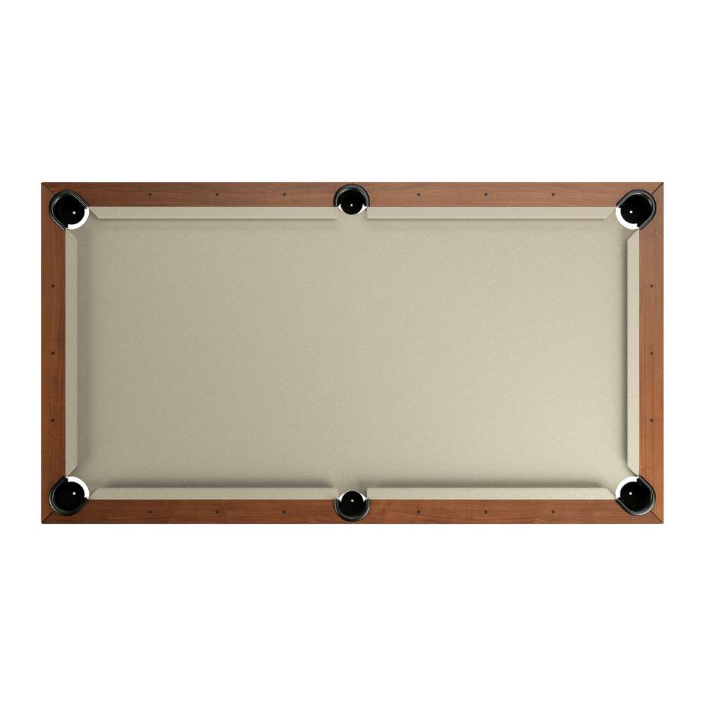 Khaki Crate & Barrel Walnut Pool Table with Wall Rack and Accessories seen from directly above against a white background showing the khaki felt, six black drop pockets and sight dots along the walnut rails