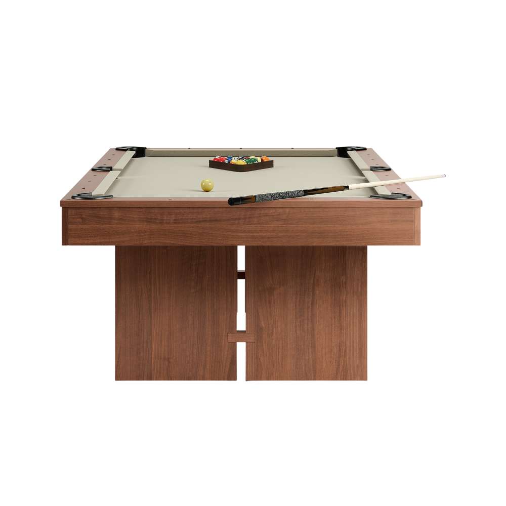Khaki Crate & Barrel Walnut Pool Table with Wall Rack and Accessories seen from the corner against a white background with khaki felt, a rack of coloured balls, the cue ball and a cue on the rail
