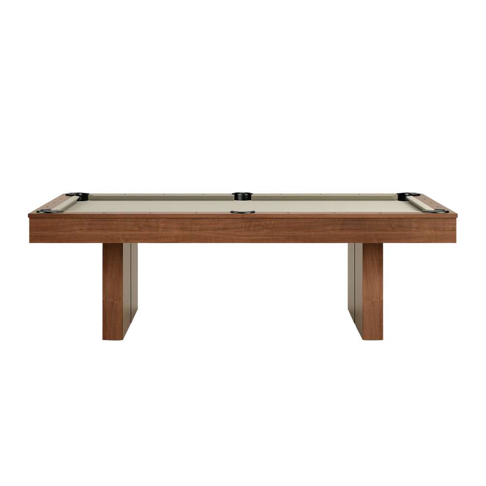 Khaki Crate & Barrel Walnut Pool Table with Wall Rack and Accessories seen straight from the long side against a white background with khaki felt and two slab legs