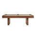 Khaki Crate & Barrel Walnut Pool Table with Wall Rack and Accessories seen straight from the long side against a white background with khaki felt and two slab legs