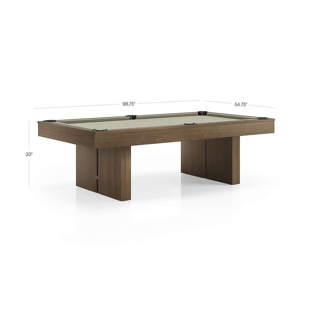 Khaki Crate & Barrel Walnut Pool Table with Wall Rack and Accessories shown as a dimension diagram on a white background marked 98.75 inches wide, 54.75 inches deep and 33 inches high