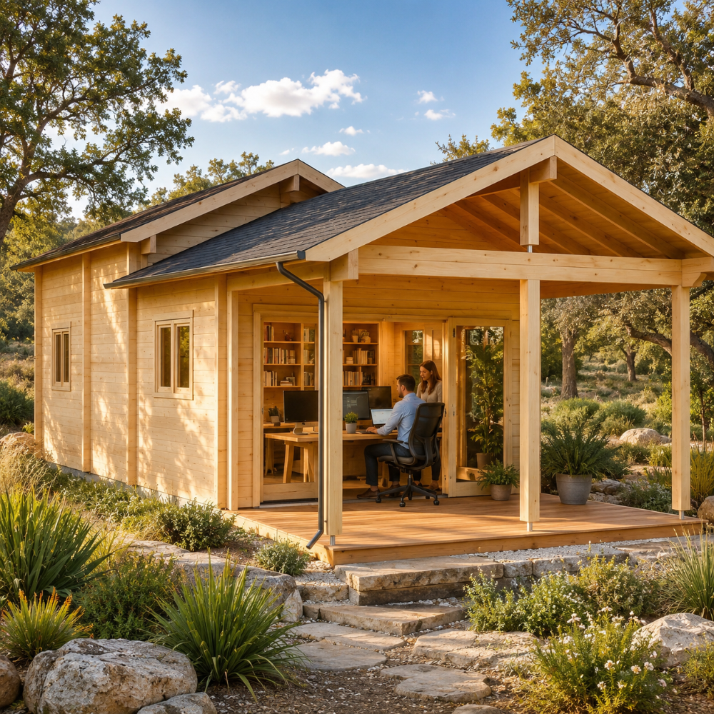 Exterior daytime view of the modern wooden Lake House 70A cabin setup as a garden home office, featuring double monitors on a desk inside, an extended wooden porch, and surrounding greenery.