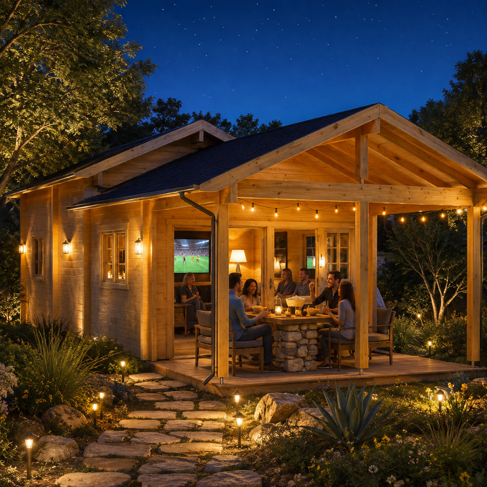Nighttime exterior view of the illuminated Lake House 70A wooden cabin, showing people dining under string lights on the covered porch with a stone table and a stone pathway in the foreground.