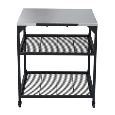 Large Ooni Modular Table front view of the wide stainless top with two black mesh shelves and four black legs.