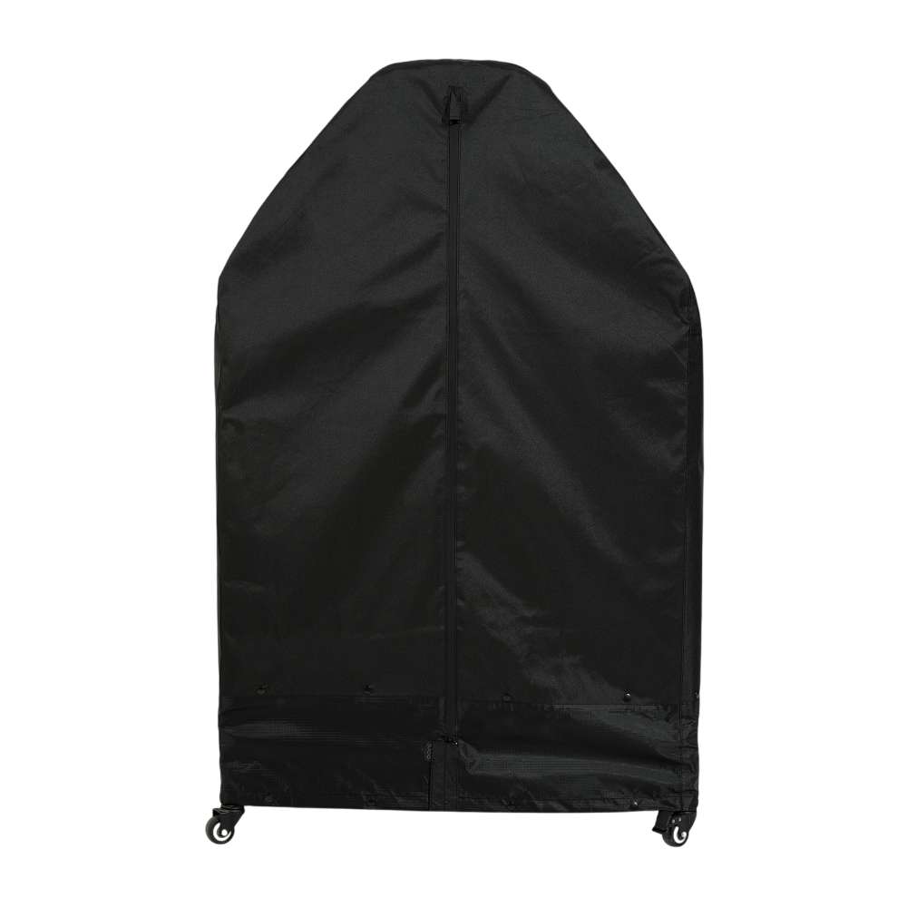 Large Ooni Table and Pizza Oven Cover front view of the black cover with angled shoulders over a table with casters below.