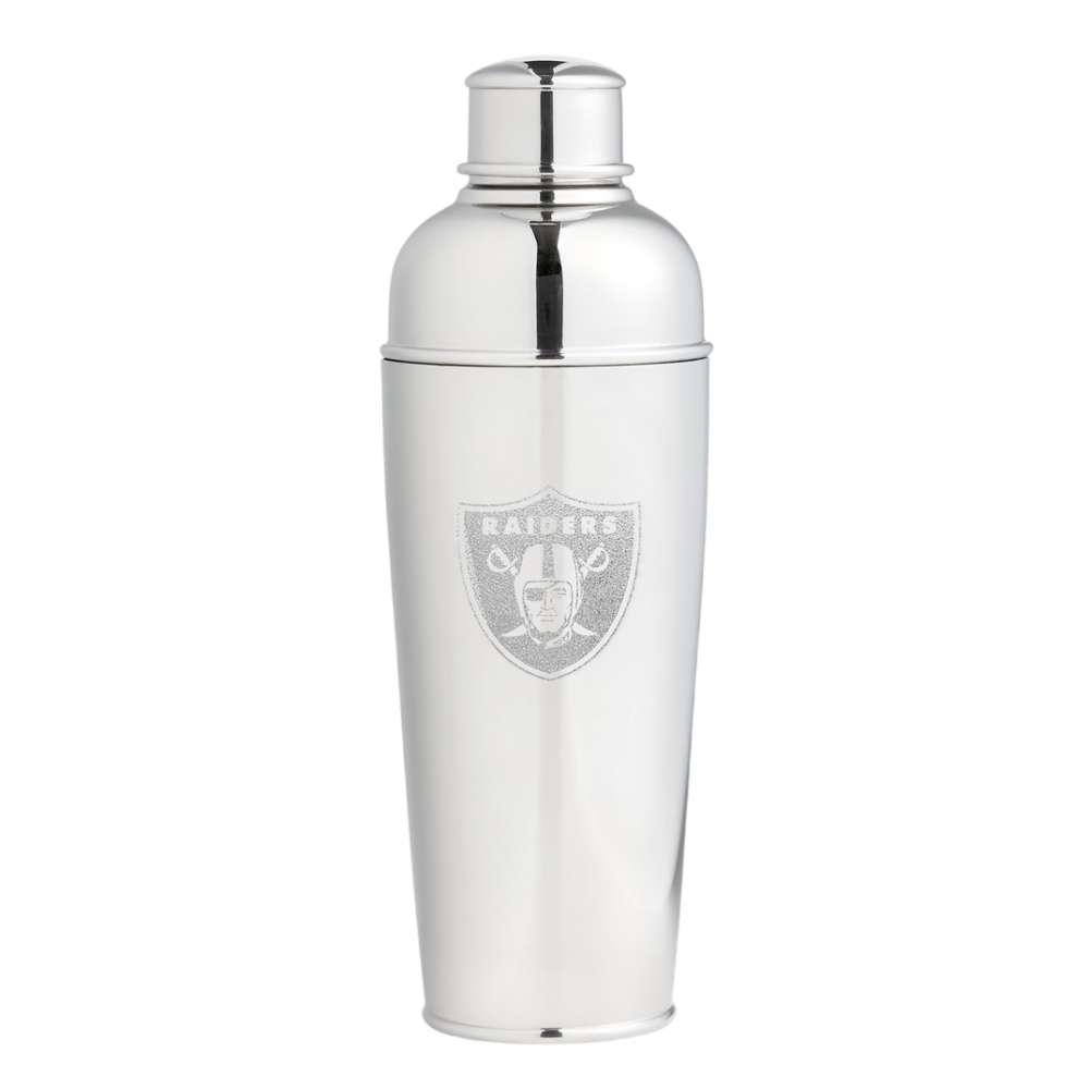 Las Vegas Raiders Crate & Barrel Easton Stainless Steel Cocktail Shaker with polished stainless steel and team logo design
