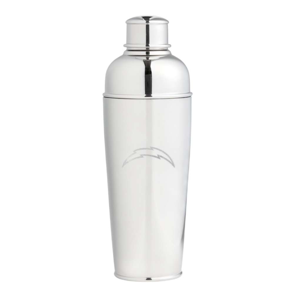 Los Angeles Chargers Crate & Barrel Easton Stainless Steel Cocktail Shaker with polished stainless steel and team logo design