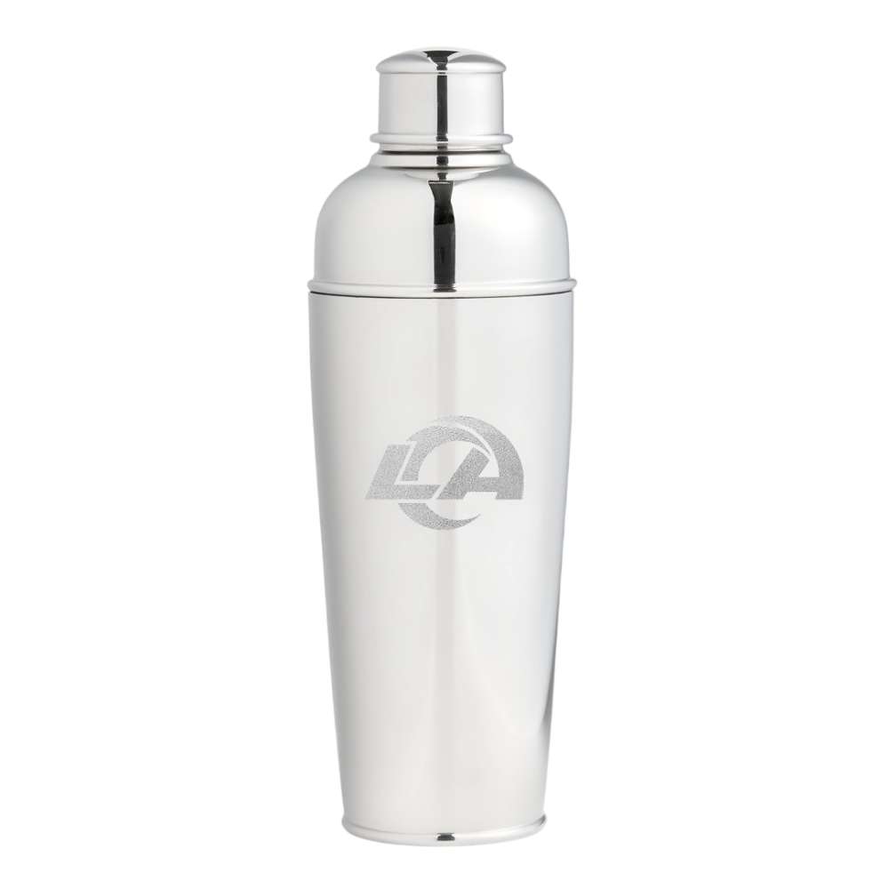 Los Angeles Rams Crate & Barrel Easton Stainless Steel Cocktail Shaker with polished stainless steel and team logo design