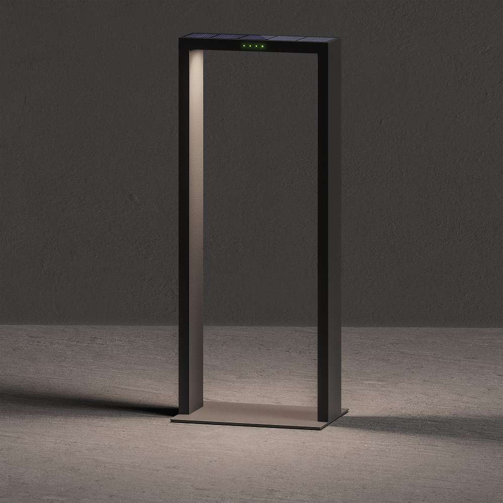 Maxi 25 Inch Black Crate & Barrel Zafferano Axis LED Outdoor Solar Lamp in black powdercoat cast aluminum with an integrated 2.2W LED behind a glass diffuser, shown in the first alternate view