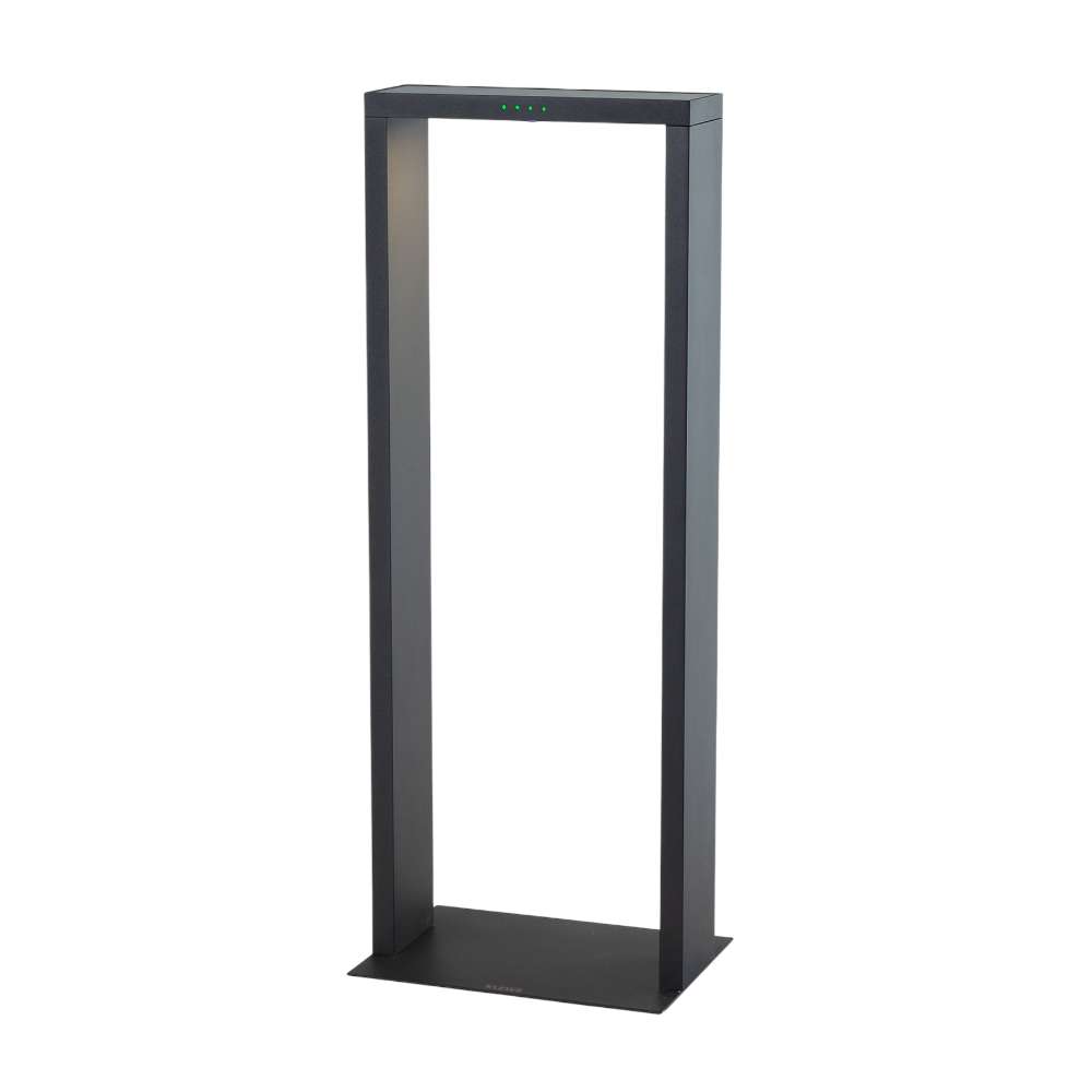 Maxi 25 Inch Black Crate & Barrel Zafferano Axis LED Outdoor Solar Lamp in sea salt-resistant black powdercoat cast aluminum with a tempered glass solar panel, shown in the main product view