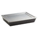 Medium Ooni Detroit Pizza Pan angled view with the stainless steel lid resting on the black pan and the ooni logo embossed on the side.