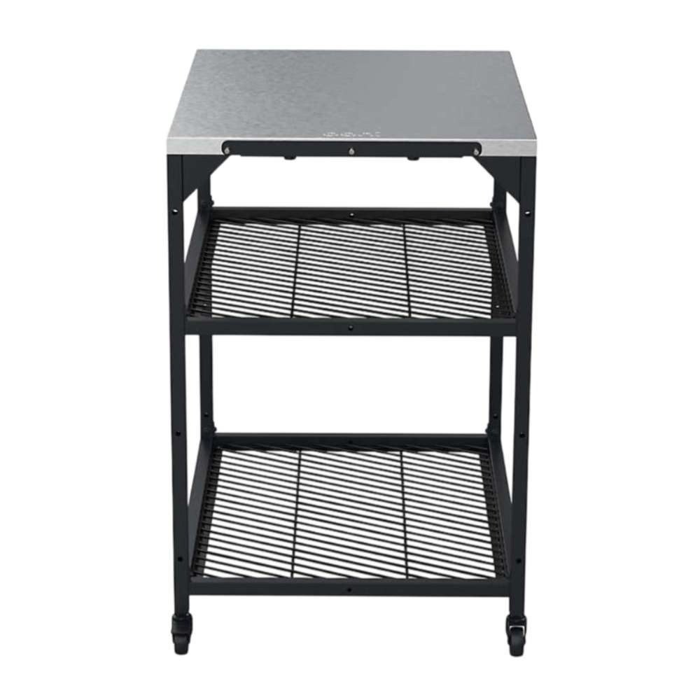 Medium Ooni Modular Table with a stainless top, two black mesh shelves and casters on the feet.