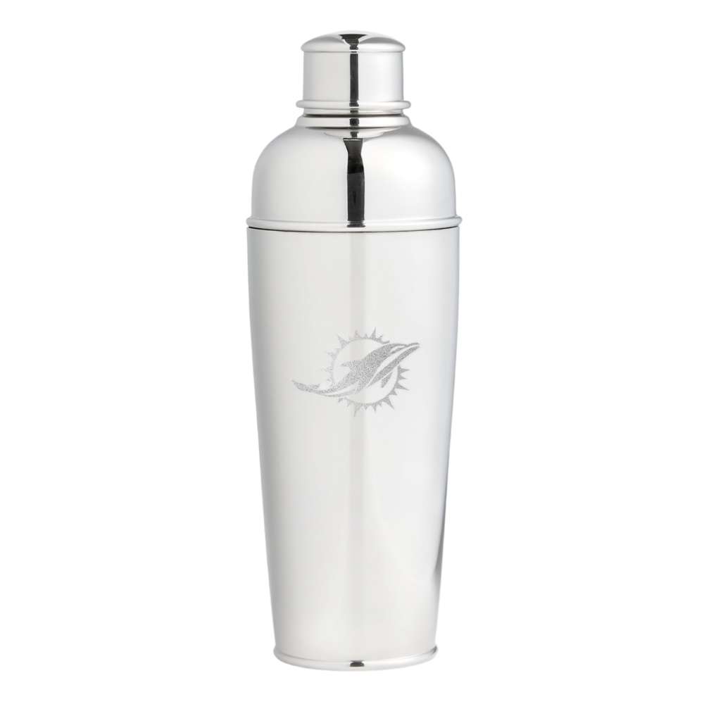 Miami Dolphins Crate & Barrel Easton Stainless Steel Cocktail Shaker with polished stainless steel and team logo design
