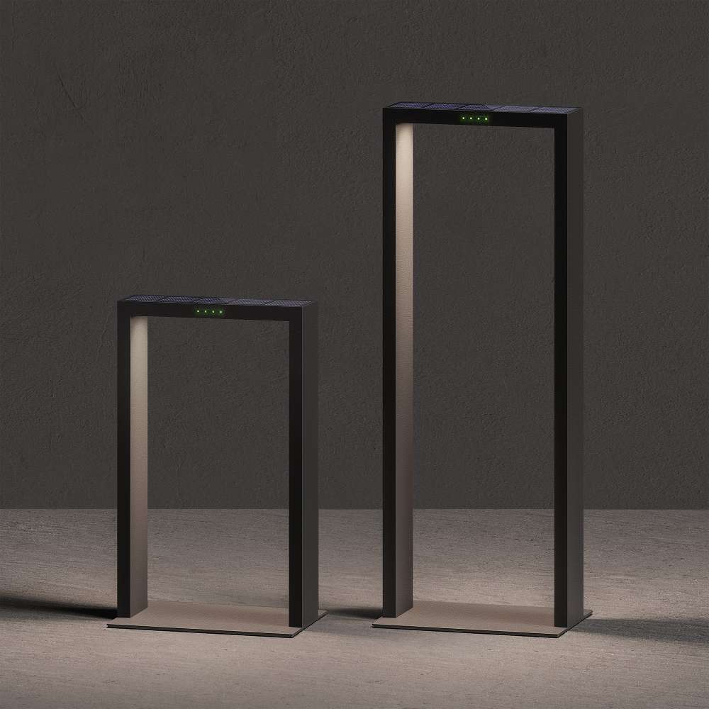 Mini 15 Inch Black Crate & Barrel Zafferano Axis LED Outdoor Solar Lamp in black powdercoat cast aluminum with an integrated 2.2W LED behind a glass diffuser, shown in the first alternate view