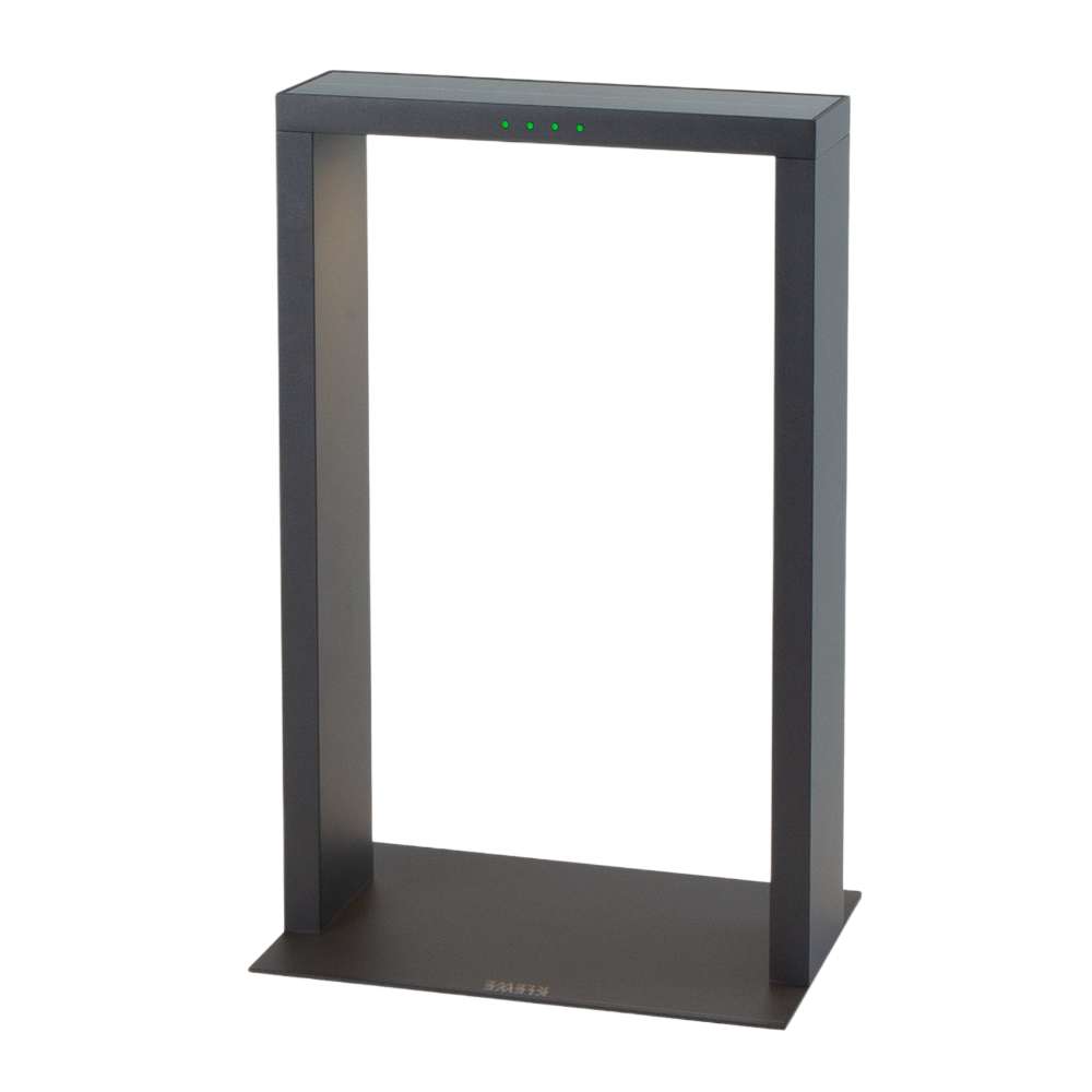 Mini 15 Inch Black Crate & Barrel Zafferano Axis LED Outdoor Solar Lamp in sea salt-resistant black powdercoat cast aluminum with a tempered glass solar panel, shown in the main product view