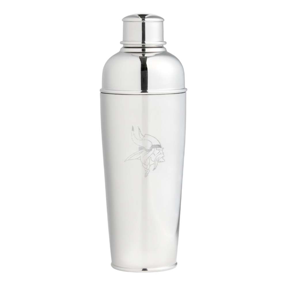 Minnesota Vikings Crate & Barrel Easton Stainless Steel Cocktail Shaker with polished stainless steel and team logo design