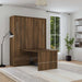 Modern Walnut Inovabed Murphy Bed with Desk closed in a bright room with the table extended into the floor space and two slim silver handles on the cabinet